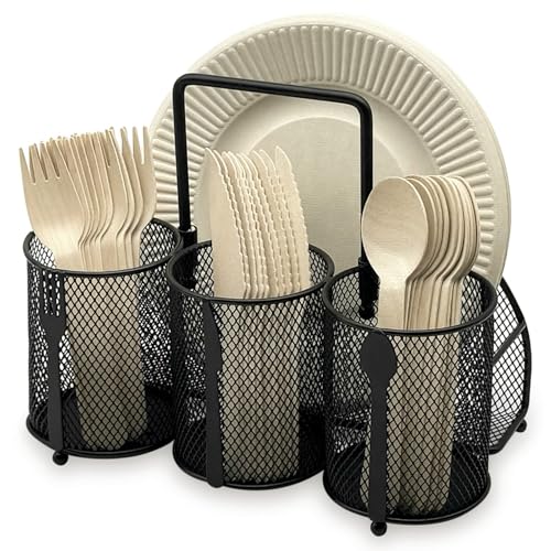 DysanVica Utensil Caddy Silverware Holder - 4 Compartment Metal Mesh Cutlery Fork Spoon Napkin Plate Organizer Flatware Storage Basket Party Kitchen Countertop Buffet Picnic Camping Outdoor BBQ Black