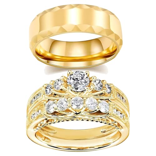 3Pcs Moissanite Couples Wedding Rings Sets, s925 10K 14K 18K Gold Couple Rings Sets, Customized Matching Wedding Bands Set for Men and Women Free Engraving(Sets 2)