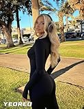 YEOREO Women Long Sleeve Workout Jumpsuit Zip Up Romper Bottom Pants Bodysuit Bodycon Sexy One Piece Black M