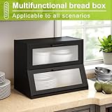 Large Bread Box Double Layer Bamboo Bread Box for Kitchen Counter Container Farmhouse Bread Box Bread Holder Capacity Bread Storage Bin(Black)