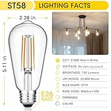 Gozelux Vintage LED Edison Bulbs 6W, Equivalent 60W Incandescent, Warm White 2700K, ST58 Antique LED Filament Bulbs with 90+ CRI, E26 Medium Base,Dimmable, Clear Glass, Pack of 6