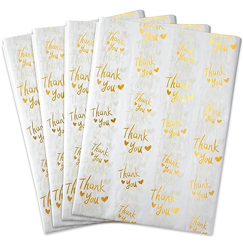 MR FIVE 100 Sheets White with Metallic Gold Thank You Tissue Paper Bulk,20" x 14",Gold Thank You Tissues Paper for Packaging,Gift Bags,Graduation,Birthday,Thanksgiving
