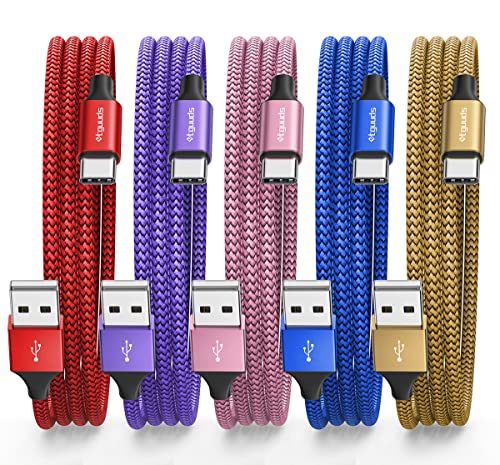etguuds Color USB C Cable 6ft, 5-Pack USB to USB C Charger Cable, Fast Charging Cord Type C Braided for iPhone 15, for Samsung Galaxy S24 S23 S22 S21 S20 A25 A54 A15 A14, Note, Flip, Pixel, Moto, LG