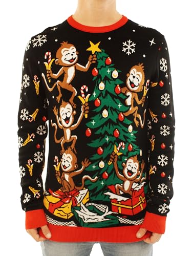 Ugly Christmas Party Knitted Ugly Christmas Sweater - Hilarious Naughty Monkey Sweater - Ugly Christmas Sweater for Men and Women - Spider Monkeys - Medium Spider Monkey Black