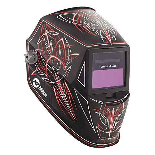 MILLER Welding Helmet, Auto-Darkening, Nylon, Ratchet Headgear, Black/Red/White Graphics