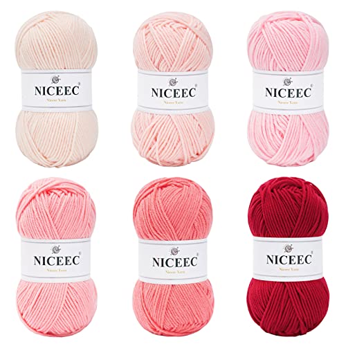 NICEEC 300g Soft Assorted Colors Yarn - Sport Weight,100% Acrylic, 4 Ply, Bonbons Yarn for Crochet & Knit, DIY Project Starter Kit for Kids or Adults(Total 870yds) - Pink Series
