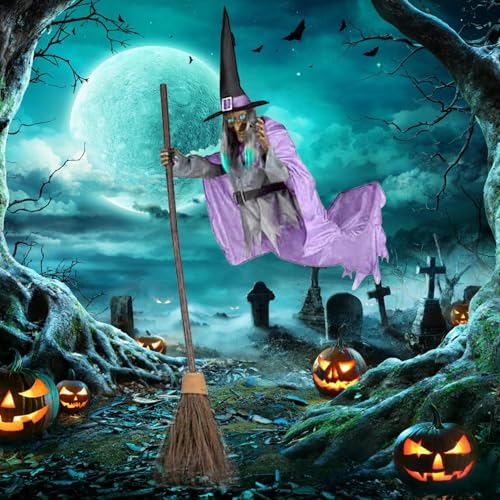 Flying Witch Halloween Decor on Broom, 6FT Animated Hovering Witch Animatronics Halloween Props with Lighted Eyes and Creepy Sound for Cosplay Party Yard Home Decor