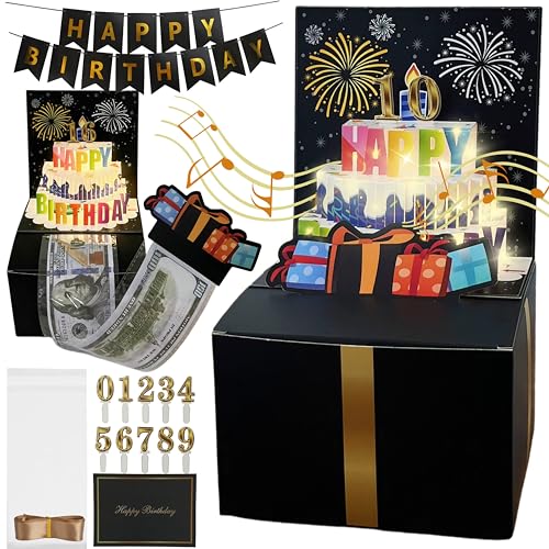 JINSTABAG Birthday Money Box for Cash Gift, Money Pull Box with Music Light and DIY Number Placard 13th 16th 18th 21th for Any Age, Birthday Decorations for Boys Girls Kids Adult