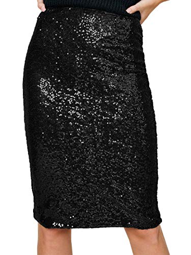Anna-Kaci Women's High Waist Sparkly Sequins Midi Skirt Pencil Cocktail Party Skirt, Black, Medium