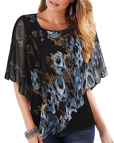 Lotusmile Women's Lightweight Flowy Shirt Double-Layered Printed Chiffon Poncho Blouse Top (Black Blue Floral, X-Large)