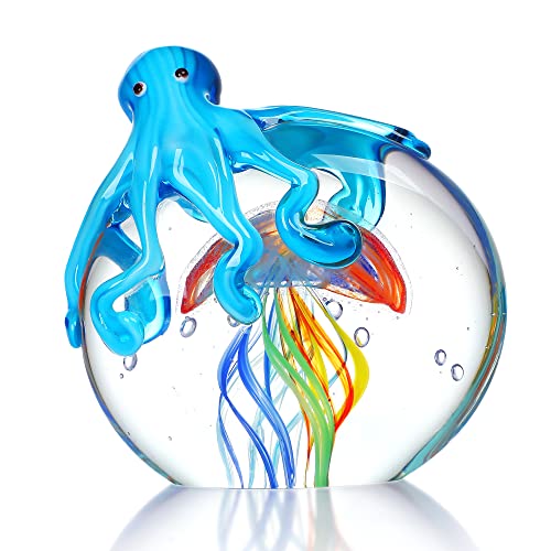 QFkris Colorful Octopus and Jellyfish Collectible Figurines Handmade Glass Paperweight Ornament Sea Animal Artwork Sculpture Home Aquarium Decor Gift Craft Decoration(5.3inch)