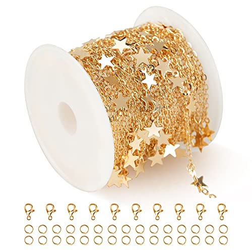 YOUBEIYEE 16.4 Feet Star Link Chain for Jewelry Making Women Necklace Chain Roll, Gold Plated Cable Chains Bulk with Jump Rings and Lobster Clasps