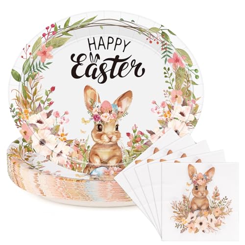50Pcs Easter Paper Plates and Napkins Set Serve 25 Guests 10" x 12.5" Large Oval Plates and 6.5'' Napkins, Disposable Heavy Duty Easter Tableware Set Easter Plates Bunny Egg Dinnerware Party Supplies