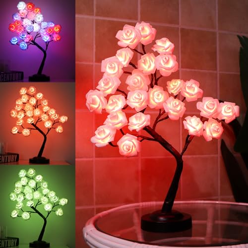 Fanshunlite Gift for Easter and Mother's Day, Table Lamp Rose Flower Tree Decors with 18 Colors Changing, Colorful Lighted Rose Tree 24 LED Bonsai Tree Light for The Home Wedding Dinner Party, Red