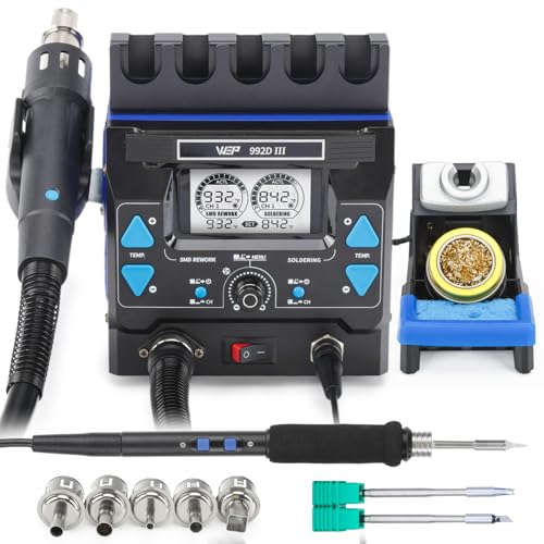 WEP 992D-III 2-in-1 Soldering Station and Hot Air Rework Station - High-Power Soldering Iron Kit with C245-compatible Cartridge, 1000W Hot Air BGA Rework Station for SMD, IC Repair