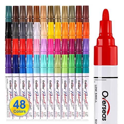 Paint Marker Pens - 48 Colors Permanent Oil Based Paint Markers, Medium Tip, Quick Dry and Waterproof Assorted Color Marker for Metal, Wood, Plastic, Rock Painting, Stone, Canvas, Glass, Ceramics