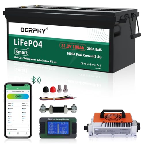 OGRPHY 48 Volt Lithium Battery for Golf Cart with 18A Charger, 48V Lithium Battery with 200A BMS, LCD & Mobile Monitor, 5.12kWh with 10.24kW Output, 1000A Peak Current for Golf Cart