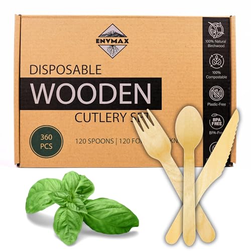 Disposable Wooden Cutlery Set 360 PCS - 100% Compostable Wooden Silverware [120 Forks, 120 Spoons, 120 Knives] - Wooden Disposable Utensils - Compostable Forks and Spoons - Compostable Silverware