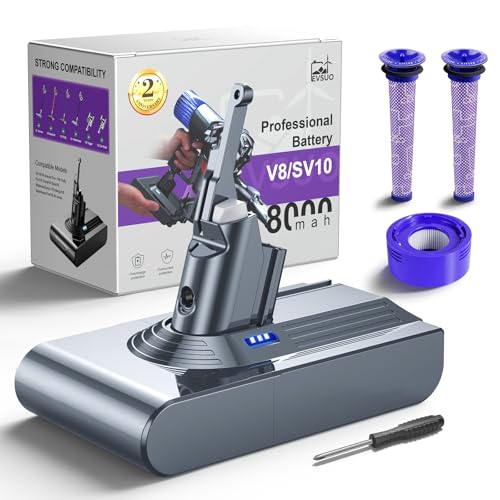 8000mAh Replacement Battery for Dyson V8 Animal/Absolute/Motorhead/Fluffy/SV10 OEM Compatible Cordless Vacuum Cleaner Battery with 3 Filters (1 Rear + 2 Front) Premium Upgrade for Dyson V8 Series