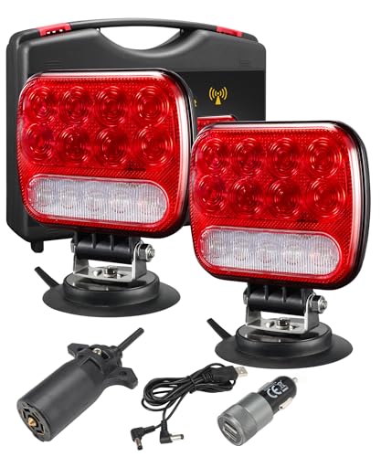Partsam Wireless LED Trailer Light Kit Magnetic Towing Tail Light Portable Universal Stop Turn Running Backup Reverse Red+Clear Lens w/ 7-Pin Plug Dual USB Cable Charger for Trucks Trailers 12-24V