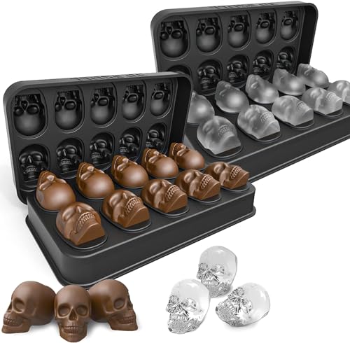 2pcs Ice Cube Skull Trays,Silicone Ice Cube Mold Maker with Lid,Skull Head Style Mold,for Chilling Whiskey, Cocktail, Beverages,Pudding Chocolate