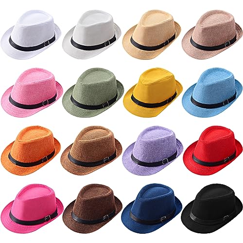 Liitrsh 16 Pack Short Brim for Men Women Classic Trilby Panama Hat Bulk Summer Dress Sun Hats with Belt for Wedding Party Accessories, 16 Colors