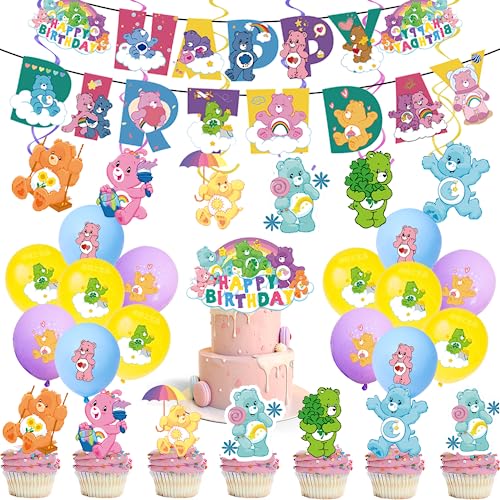 XBTYKPB 50pcs Care Cute Bears Party Decorations Pack - Birthday Occasion, Pink, Purple, Green, Blue - Includes Happy Birthday Banner, Cake Topper, Cupcake Toppers, Hanging Swirl, Balloons