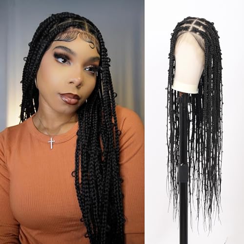 Fecihor 360° HD Full Lace Knotless Braided Wigs for Women Box Braid Wig with Baby Hair Premium Synthetic Natural Looking Black Butterfly Braided Lace Front Wigs 36 Inch