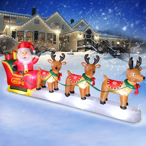 12 FT Christmas Inflatables Outdoor Decorations Santa Claus on Sleigh, Blow Up 3 Reindeers Pulling Santa's Sleigh with Gift Boxes, Built in LED Lights for Christmas Party Decor, Yard, Garden Lawn