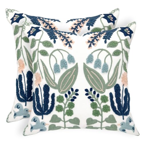 Alysheer Summer Floral Embroidered Decorative Throw Pillow Covers 18"x 18" Set of 2, Farmhouse Navy Blue Flowers Green Leaves Tufted Patterned Cotton Cushion Cases for Couch Bed Living Room Decor