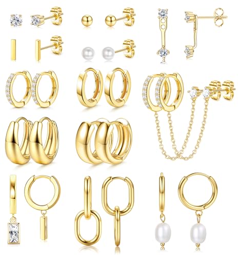 BESTEEL 13 Pairs Small Gold Hoop Earrings Set for Women 14K Gold Plated Lightweight Huggie Hoops Hypoallergenic Pearl Dainty Stud Hoop Earrings for Gift, Gold