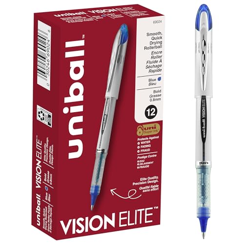 uniball Vision Elite Roller Ball Pen, Stick, Bold 0.8 Mm, Blue Ink, White/blue Barrel