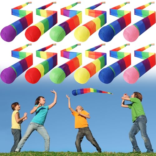 Leyndo 12 Pcs Throw and Catch Balls with Rainbow Tail, Soft Sports Play Comet Balls Playground Toys Bulk for Games and Activities Fun Throwing School, 25.59 Inch Long(Vivid Color)