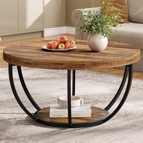 Tribesigns Round Coffee Table, 31.7" Wooden 2-Tier Circle Coffee Table with Storage Shelves, Modern Accent Cocktail Table Center Table for Living Room, Rustic Brown