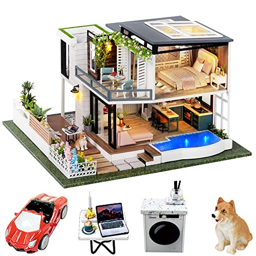 Spilay Dollhouse Miniature with Furniture,DIY Wooden Crafts Doll House Mini Handmade Kit,1:24 Scale Creative Room Idea Gift for Adult Friend Lover (West Creek House with Dust Cover Music Box Car)