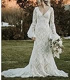 Women's Lace Boho Wedding Dresses for Bride 2022 with Long Sleeves Bohemian Beach Mermaid Bridal Gowns Ivory US20