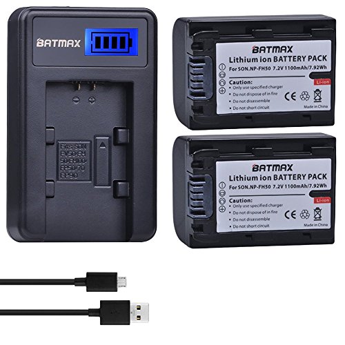 Batmax 2Packs NP-FH50 Battery + LCD USB Charger for Sony NP-FH30,NP-FH40,NP-FH50 H Series Batteries;Sony Alpha DSLR A230, DSLR A290, DSLR A330, DSLR A380, DSLR A390, Cyber-Shot DSC-HX1 Handycams