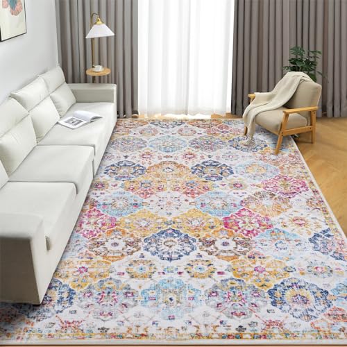 XSIVOD Large 8x10 Vintage Area Rugs for Living Room, Luxury Non-Slip Bedroom Rug, Distressed Traditional Floor Carpet for Dining Room Kitchen, Washable Entryway Carpet for Boho Decor, Flowers Sea
