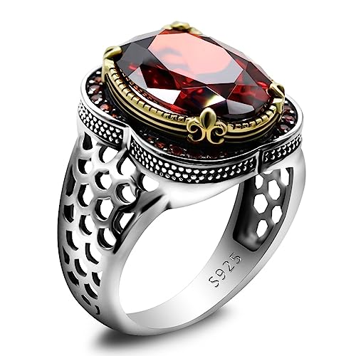 OHMMHO S925 Sterling Silver Men's Red Zircon Ring 12 * 16mm Ruby Luxury Türkiye Handmade Men's Ring Men's Wedding Engagement ring Size 12