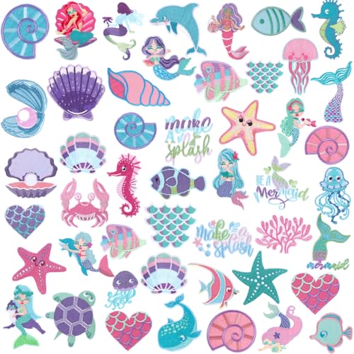 Tigeen 48 Pcs Mermaid Chenille Embroidered Patches Beach Iron on Patches Bulk Seashell Fish Starfish Dolphin Seahorse Jellyfish for Hats Clothes Sew on Applique DIY Accessory for Backpack Pants Jeans