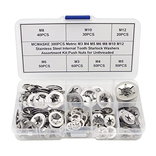 MCMASKE 300PCS Metric M3 M4 M5 M6 M8 M10 M12 Stainless Steel Internal Tooth Starlock Washers Assortment Kit;External Push Rings; Push On Washers;Push Nuts for Unthreaded Shafts