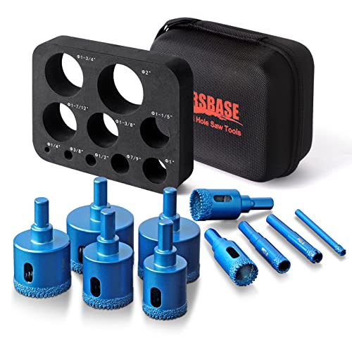 MARSBASE Diamond Hole Saw Tile Drill Bits Kit, 10 PCS Serrated Brazing Tile Core Drill Bits Sets with EVA Hole Saw Guide Jig Hollow Drill Hole Saw for Ceramic, Glass,Tile,Gypsum,Wood Marble,Granite
