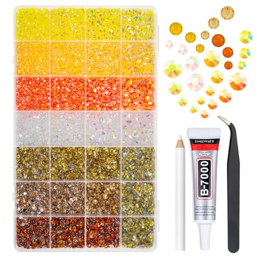 qiipii 28 Types Yellow Jelly Resin Rhinestones w B7000 Jewelry Glue for Bedazzling Crafting 3mm-6mm Flatback Colorful Orange Golden AB Stones Gems Diamonds for Nails Face Eyes Makeup Crafts Tumblers