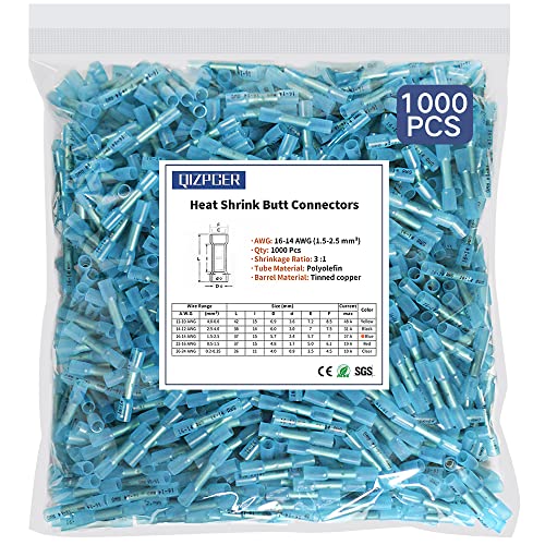 1000 Pcs Heat Shrink Butt Connectors, 16-14 AWG Waterproof Electrical Crimp Wire Splice for Marine, Cable, Wiring