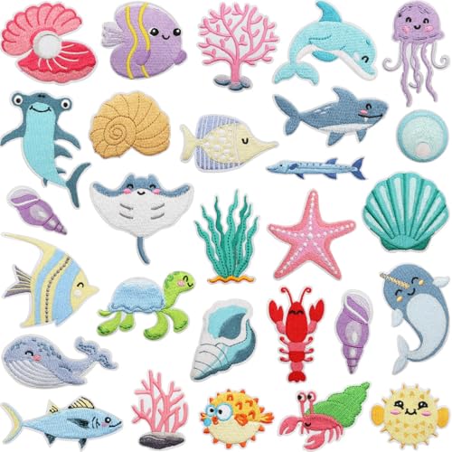 28PCS Sea Life Embroidered Patches, Bright Vivid Colors, lron-on Patch Applique for Clothes, Dress, Hat, Jeans, DIY Accessories (Ocean Sea Life)