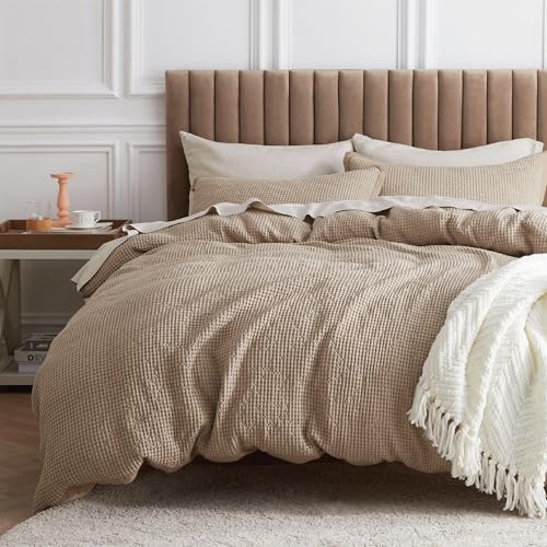 Bedsure Cotton Duvet Cover King - 100% Cotton Waffle Weave Khaki Duvet Cover King Size, GentleSoft™ and Breathable Tan Bedding Set for All Season, 3 Pieces, 104"x90"