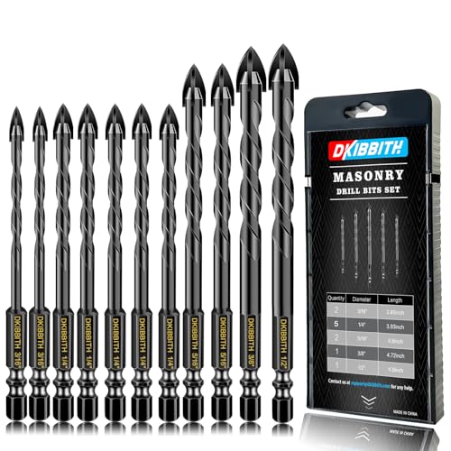 11-pc Carbide Masonry Concrete Drill Bit Set for Stone Tile Brick Ceramic Glass Metal Sheet Plastic Wood, Quick Change 1/4" Hex Shank, Size 3/16" 1/4" 5/16" 3/8" 1/2" with Storage Case