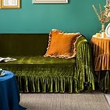 GLORY SEASON Velvet Sofa Cover Soft Decorative Luxurious Solid Exquisite Ruffle Trim,Retro Farmhouse Vintage Sofa Slipcover Couch Cover for 2-3 Cushion Sofa for Living Room 1PC 71x134 Inch