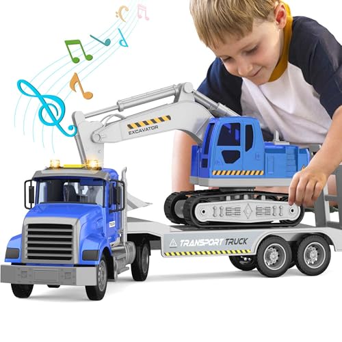 DOWELLIN Transports Trucks Kids Toys, 22" Large Semi Truck Toy Carrier and Excavator Truck with Sound&Light,Friction Powered Cars Toys Birthday for Boys Girls 3 4 5 6 7 8
