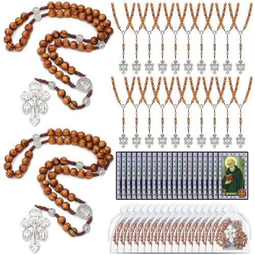 Landical 12 Sets Rosary Beads Catholic for Women Men Wood Rosary Cross with Pardon Crucifix Necklace with St Benedict Prayer Card and Organza Bags for Regalos Cristianos Rosarios Catolicos Para Hombre